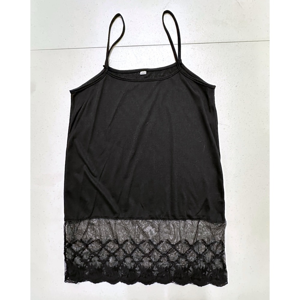 The Wow Now Black Lace Trim Cami Spaghetti Strap Tank Top Basic‎ Layering Slip S